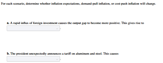 <p>a. demand-pull inflation/a change in inflation expectations/cost-push inflation b. demand-pull inflation/a change in inflation expectations/cost-push inflation  </p>