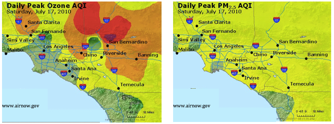 Below are two maps that show more specific details of the Los Angeles area AQI for ozone (a common air pollutant) and particulate matter (dust, pollen, etc.).

What is the **ozone** pollution AQI level for **Santa Clarita** on this day?

What is the **particulate matter (PM)** AQI level for **Riverside** on this day?