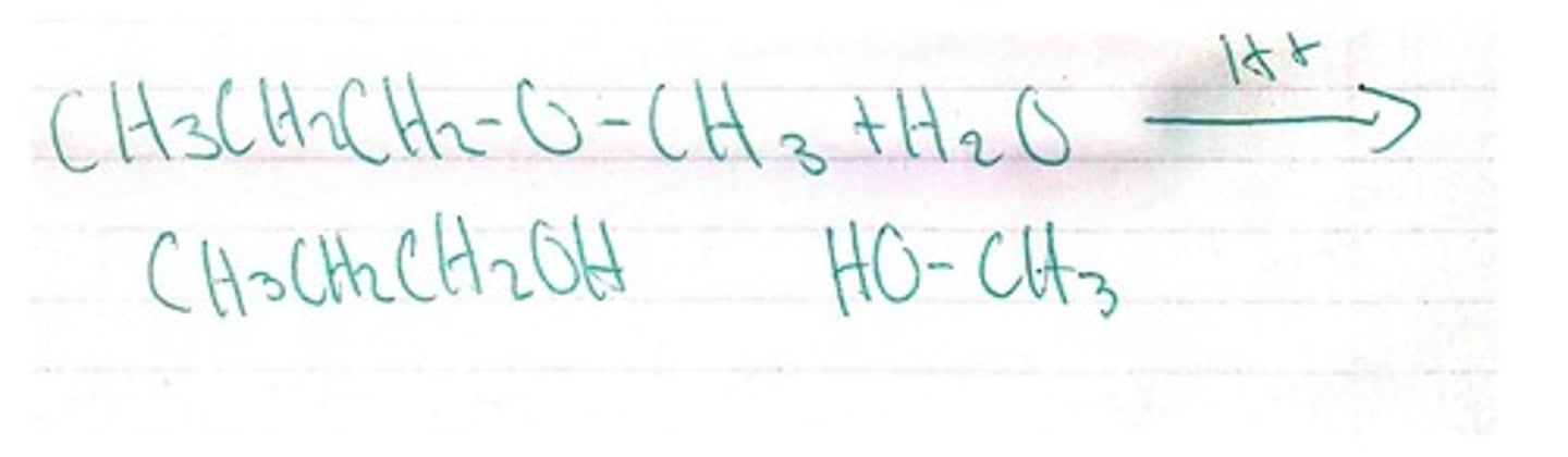 <p>the breaking of a bond molecule using water, the reverse of esterification</p>