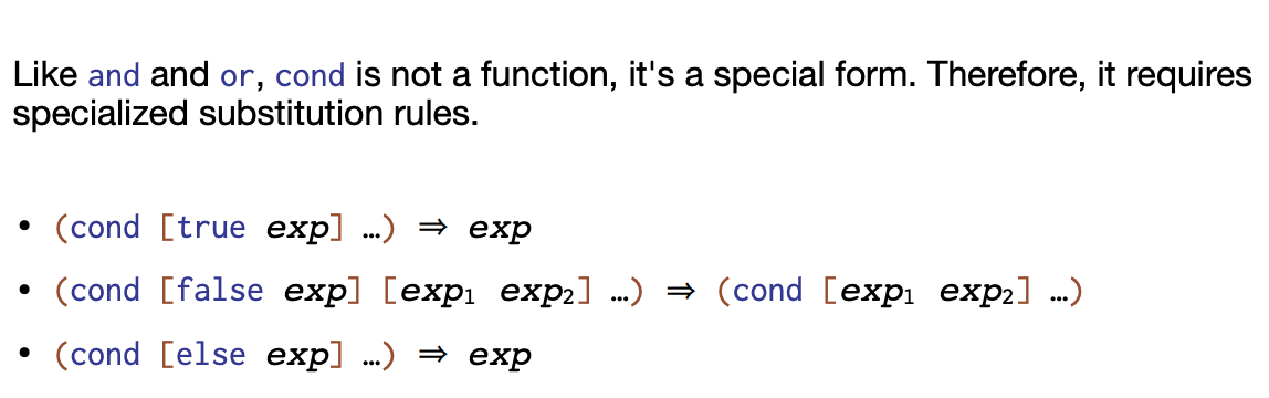 <ul><li><p>A cond expression can appear anywhere in a Racket program that any other expression is permitted. </p></li><li><p>This feature of a programming language is called orthogonality</p></li></ul><p></p>