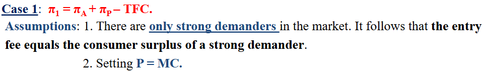 <p>There are only strong demanders in the market. It follows that the entry fee equals the consumer surplus of a strong demander. </p>