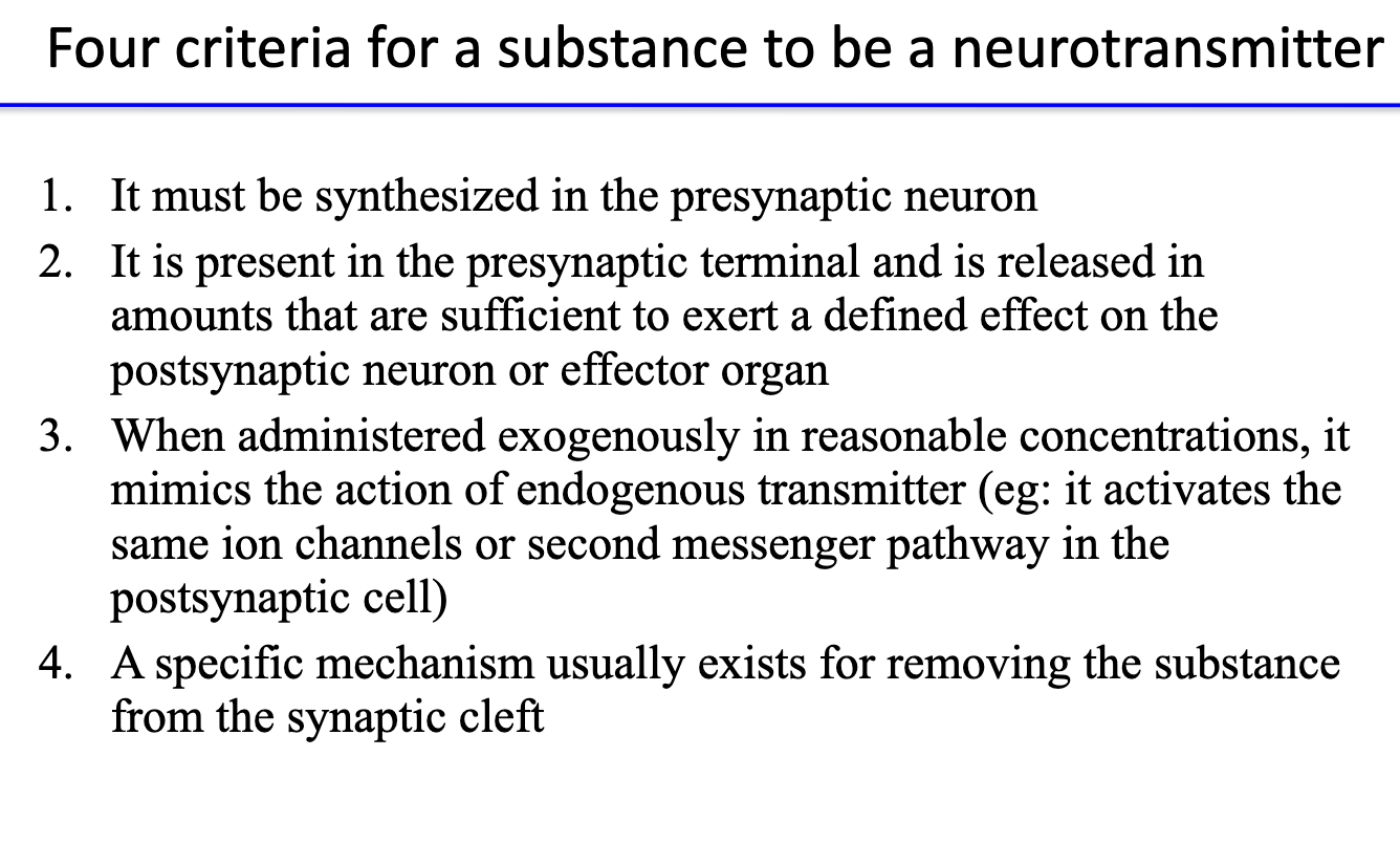 <ol><li><p><strong>Synthesized</strong> in the <strong>presynaptic neuron</strong>.</p></li><li><p><strong>Present in terminal</strong> and <strong>released</strong> in sufficient amounts to affect postsynaptic cell.</p></li><li><p>When <strong>applied externally</strong>, mimics the natural transmitter’s action (same receptors/pathways).</p></li><li><p>Has a <strong>specific removal mechanism</strong> from synaptic cleft (e.g., reuptake or degradation).</p></li></ol><p></p>
