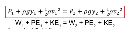 <p>Describes ideal fluids</p><p>Conservation of energy for fluids</p><p>P<sub>1</sub> +(density)gy<sub>1</sub> + 1/2(density)v<sub>1</sub>² = P<sub>2</sub> + (density)gy<sub>2</sub> + 1/2(density)v<sub>2</sub>²</p><p>P = pressure</p><p>v = velocity</p>