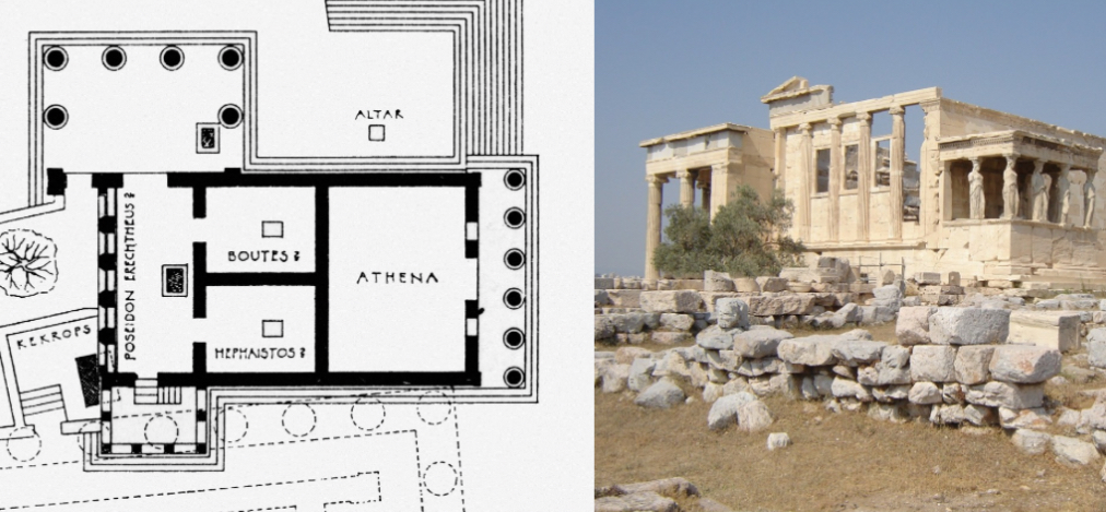 <p class="s96" style="text-align: center;">(um 420 bis 406)</p><p class="s96" style="text-align: center;">mit Karyatiden (weibliche Figur mit Gewand statt Säulen)</p><p class="s96" style="text-align: center;">Oben: Vorhalle mit Dreizackmal</p><p class="s96" style="text-align: center;">Links: Erechtheushalle mit Salzmeer (Poseidon)</p><p class="s96" style="text-align: center;">Unten: Korenhalle (Karyatiden)</p><p class="s96" style="text-align: center;">Rechts: Haus der Athena</p>