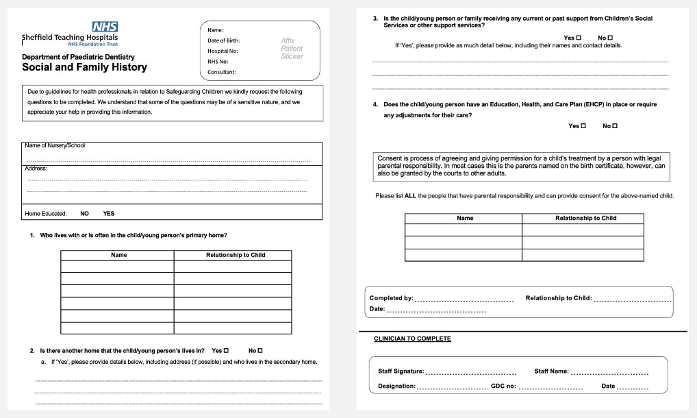 <p>social and family history forms</p>