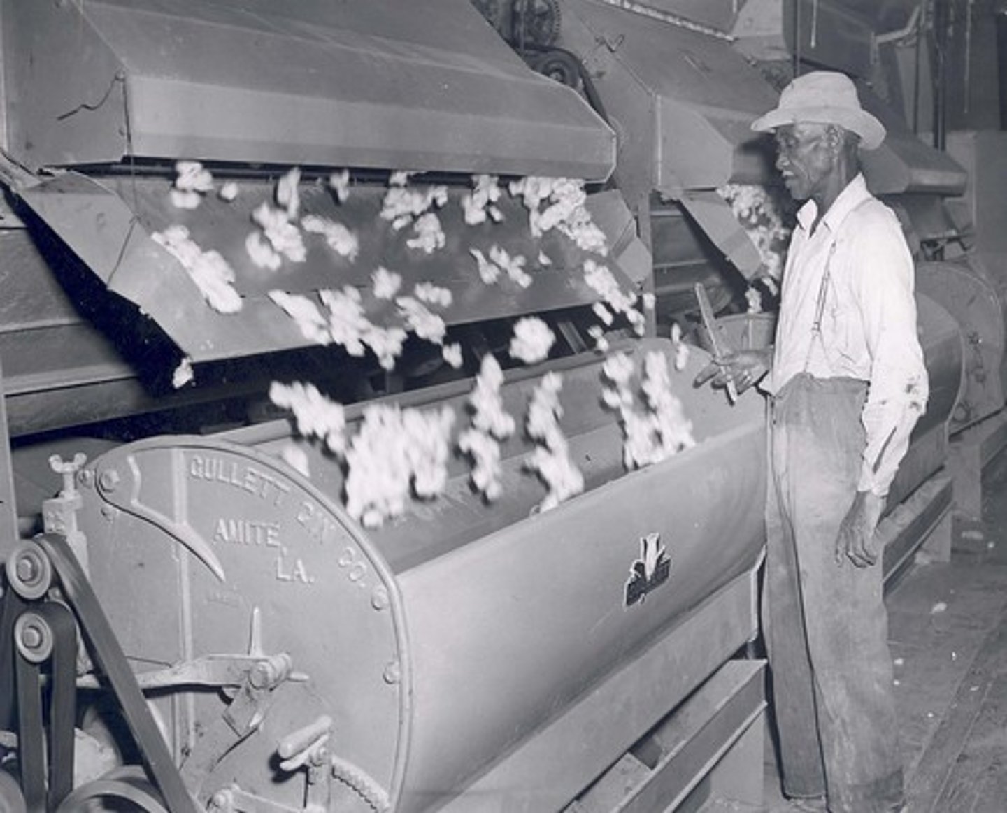 <p>Invented by Eli Whitney in 1793. It removed seeds from cotton fibers. Now cotton could be processed quickly and cheaply. Results: more cotton is grown and more slaves are needed for more acres of cotton fields</p>