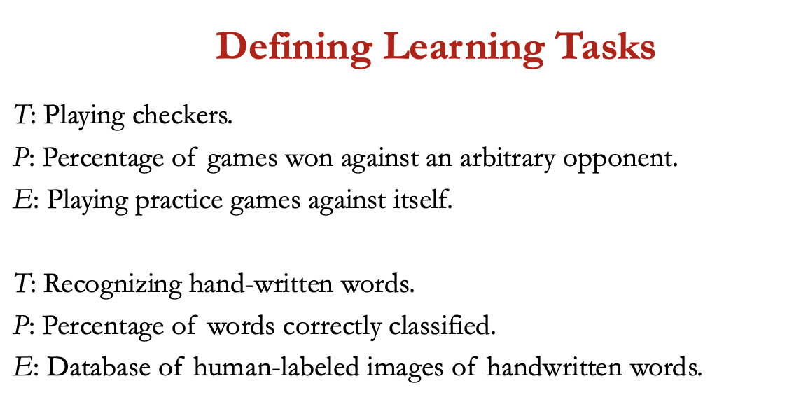 <p>trad programs: define algo/logic to compute output</p><p>ml: learn model/logic from data</p><p></p><p>ml = study of also that: improve their performance P at some task T with experience E&nbsp;</p><ul><li><p>well defined learning task = given by &lt;P, T, E&gt;</p></li></ul><p></p>
