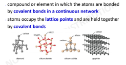 <p>&gt; hard and very high melting point&nbsp;</p><p>&gt; non conductors of electricity except of graphite and graphene</p>