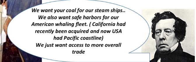 In 1853- American Naval Officer, Commodore Matthew Perry arrived on the shores of Japan with several USS steam ships (that became known to the Japanese as the Black ships) with the intent of opening Japan up to trade.

He brought with him a letter from American President Fillmore explaining why the Americans felt that the Japanese needed to open up their ports. He also brought groovy present to impress the emperor with Western culture such as a working model of a steam locomotive, a
telescope, a telegraph, and a variety of wines and liquors.