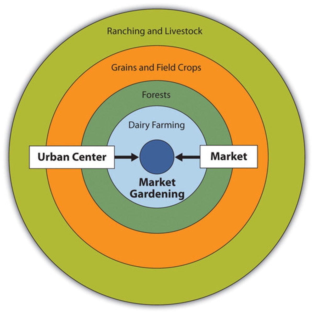 <p>explains the location of agricultural activities based on transportation costs and perishability of the product</p>
