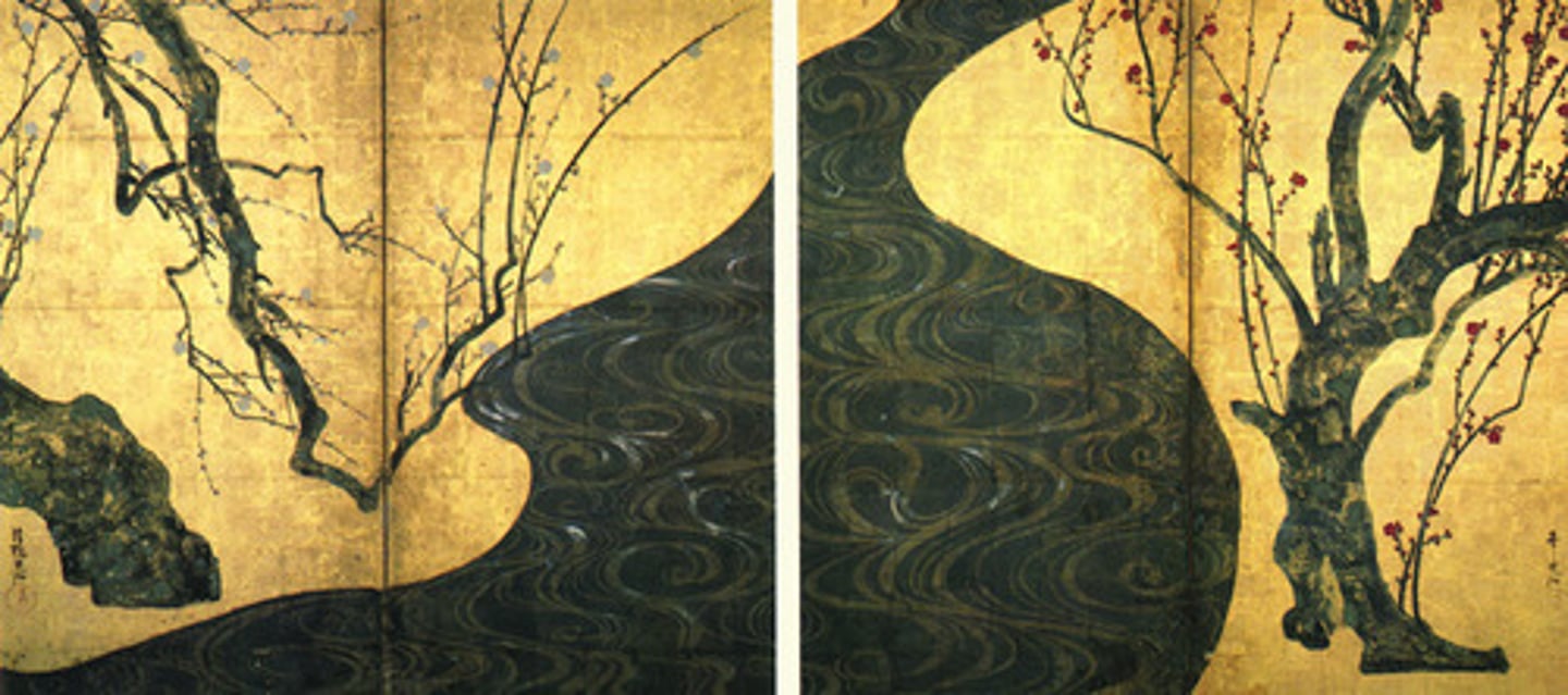 <p>Ogata Korin</p><p>c. 1710-1716 CE</p><p>Form: Ink, watercolor, and gold leaf on paper</p><p>Function: Depicts white plum blossoms, red plum blossoms, and a meandering stream</p><p>The two screens would have been positioned separately but close enough for the viewer to note the continuation in design. The left panels include white plum blossoms, while the right panels showcase the red plum blossoms. Between the two trees is a meandering stream done with curvilinear lines to mimic the movement in water.</p>