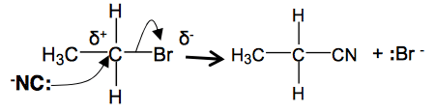 <p>+ KCN (ethanolic)</p><p>heat under reflux</p><p>nucleophilic sub</p>