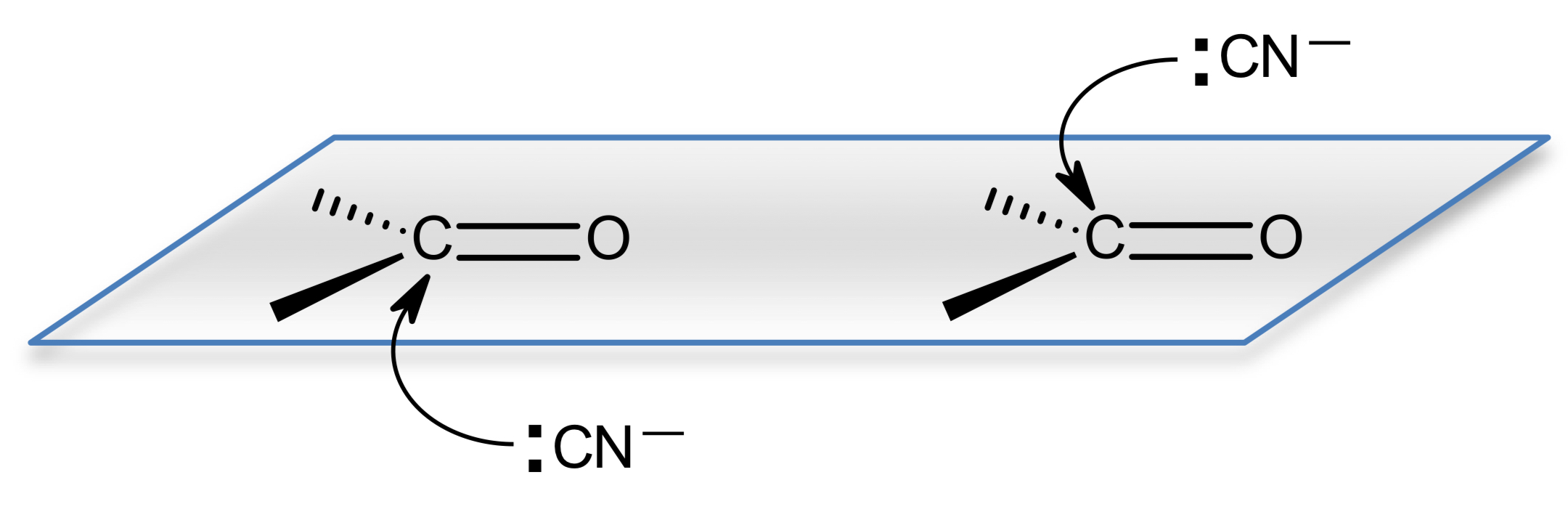 <ul><li><p>they form mixtures of enantiomers because the product has a <strong>chiral&nbsp;centre</strong></p><ul><li><p>carbonyl group is planar&nbsp;</p></li><li><p>equal chance of CN<sup>-</sup>&nbsp;nucleophile attacking from above or below&nbsp;</p></li><li><p>equal amounts of both enantiomer is formed so a racemate is formed&nbsp;</p></li></ul></li></ul><p></p>