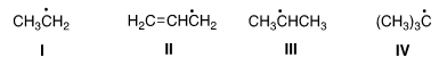 <p>Rank the following radicals in order of decreasing stability, putting the most stable first.</p><p>A) II &gt; IV &gt; III &gt; I</p><p>B) III &gt; II &gt; IV &gt; I</p><p>C) IV &gt; III &gt; II &gt; I</p><p>D) IV &gt; III &gt; I &gt; II</p>