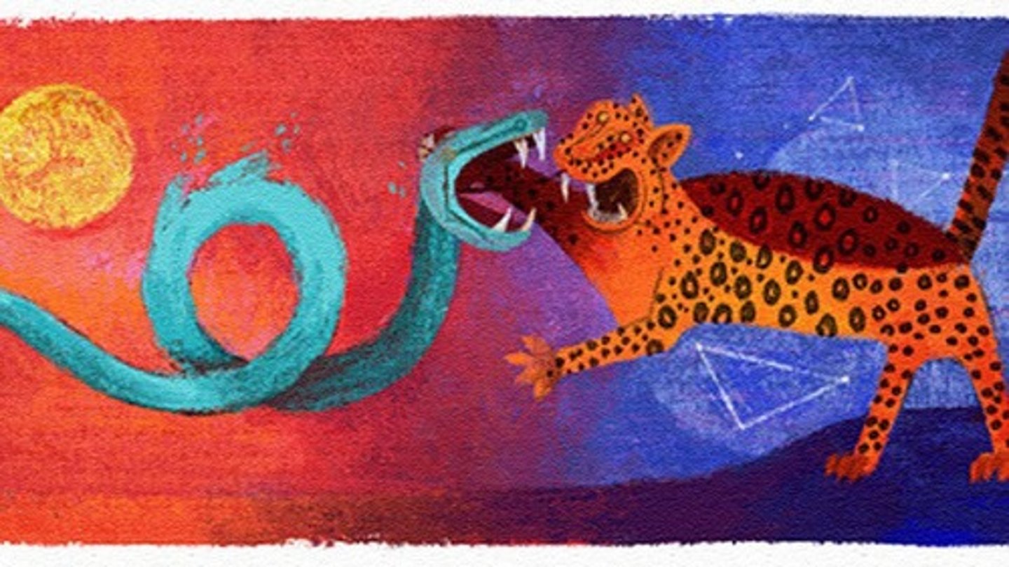 <p>A cosmic, stylized battle representing dualities: darkness vs. light, jaguar vs. serpent, and Tezcatlipoca vs. Quetzalcoatl.</p>