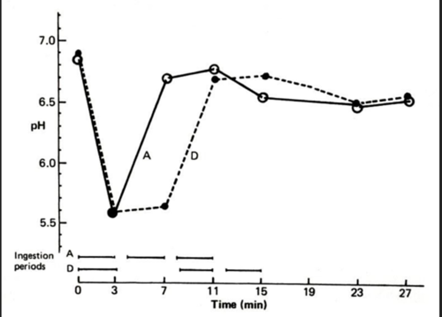 <p>A = Sugared Coffee immediately followed by egg and toast</p><p>D= Sugared coffee with egg and toast after 5 minute wait</p><p>Takeaway:</p><p>- Delay in solid food delays pH rise</p><p>- How one eats impacts acid production and length of time below the curve</p>