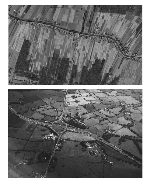 <p>Agricultural settlement patterns are partly determined by the survey system used to organize landownership. Which of the following best describes the survey methods used to delineate agricultural land and the associated settlement patterns shown in the two images?</p>