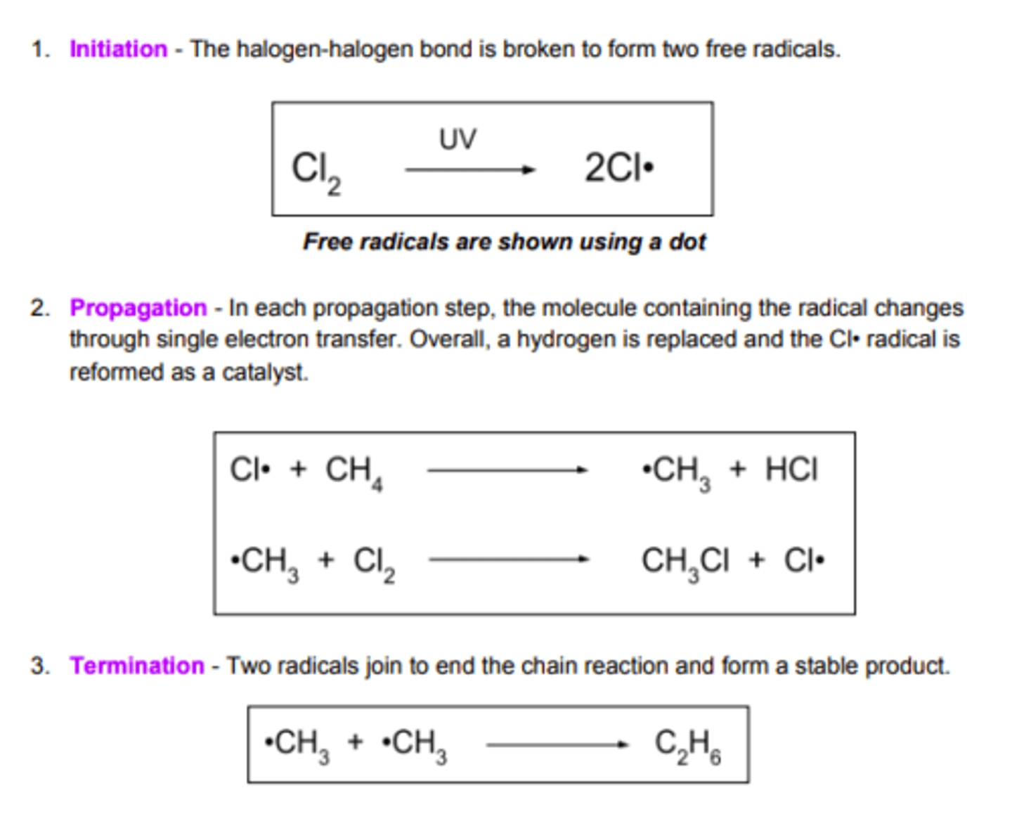 <p>1. Initiation</p><p>2. Propagation</p><p>3. Termination</p>