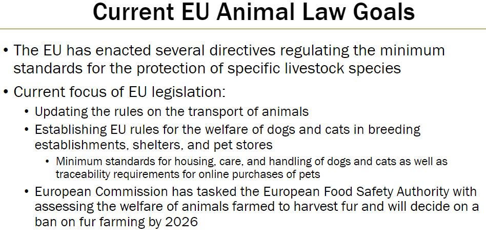 <p><strong>Focus Areas</strong><br> Updating rules on the transport of animals<br> Establishing welfare rules for dogs and cats in breeding establishments, shelters, and pet stores</p><p><strong>Standards for Dogs and Cats</strong><br> Minimum requirements for housing, care, and handling<br> Traceability requirements for online pet purchases</p><p><strong>Fur Farming</strong><br> European Food Safety Authority (EFSA) tasked with assessing welfare of farmed animals for fur<br> EU decision on a potential ban on fur farming expected by 2026</p>