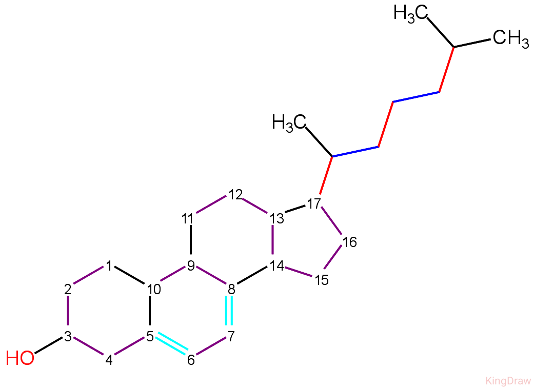 <p><span data-name="dna" data-type="emoji">🧬</span><span data-name="microscope" data-type="emoji">🔬</span> <em>7-dehydrocholesterol</em>: C₂₇H₄₄O ; różni się od <em>cholesterolu</em> obecnością dodatkowego wiązania podwójnego w pierścieniu B między C7 i C8 i jest bezpośrednim prekursorem <em>witaminy D₃</em>.</p>