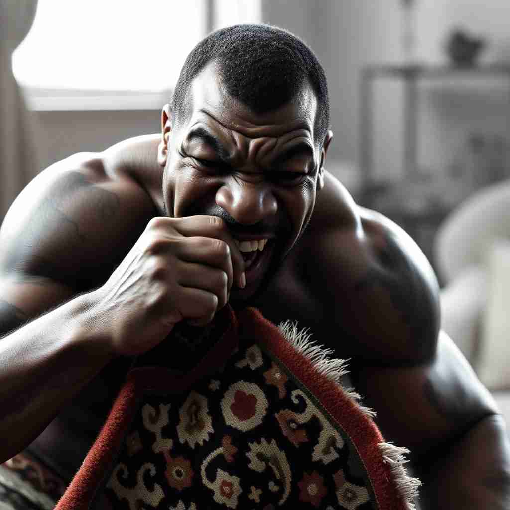 <p>Mike Tyson biting a mat(mat)</p>