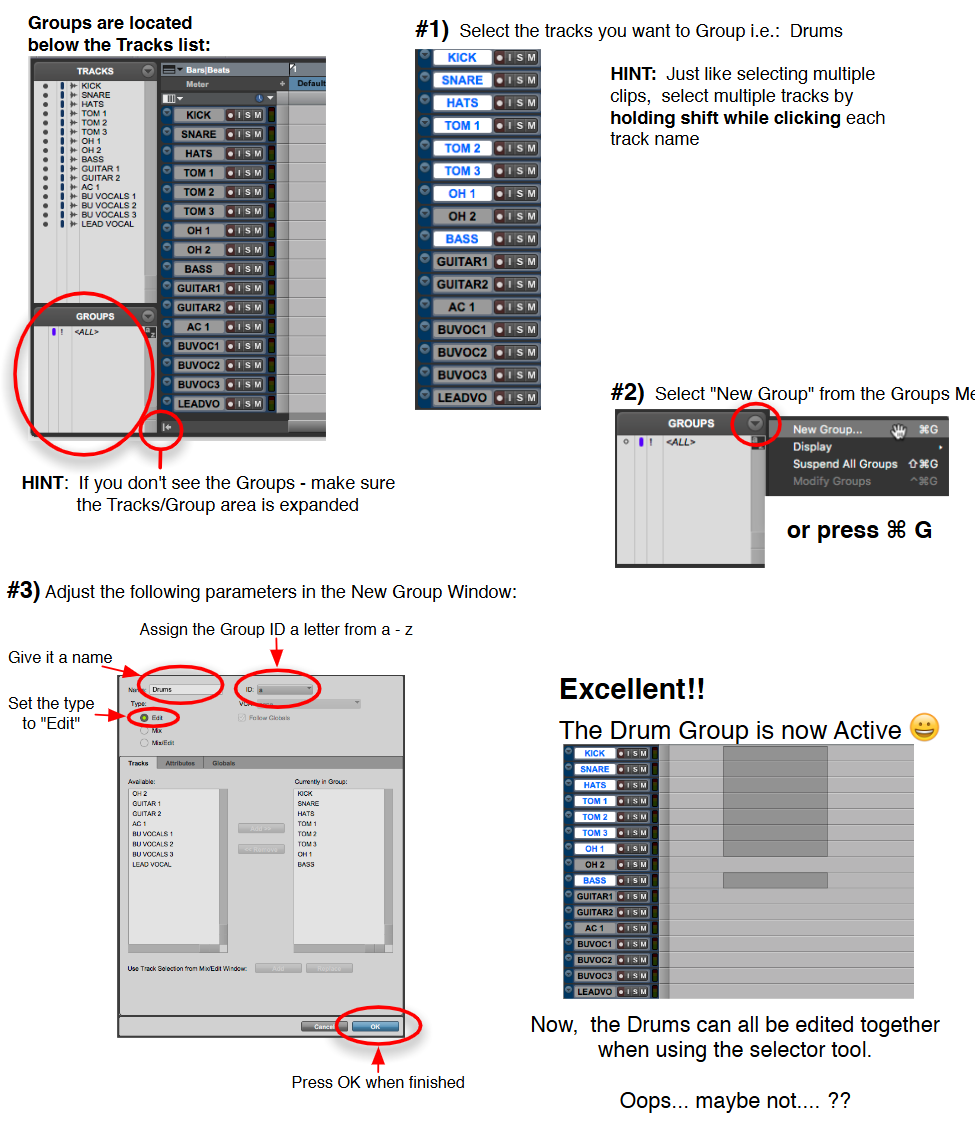 <ul><li><p><span style="color: blue">Pro Tools <em>also</em> has a helpful tool called “Edit Groups” where you can edit multiple tracks at the same time (<em>saves time</em>)</span></p></li><li><p><span style="color: blue">Located below the Tracks list</span></p></li><li><p><span style="color: blue">You can disable <em>ALL</em> groups by clicking “Suspend all Groups” or pressing shift G</span></p></li><li><p><span style="color: blue">You can also modify each group by right clicking the group you want and clicking modify </span></p></li></ul><p></p>