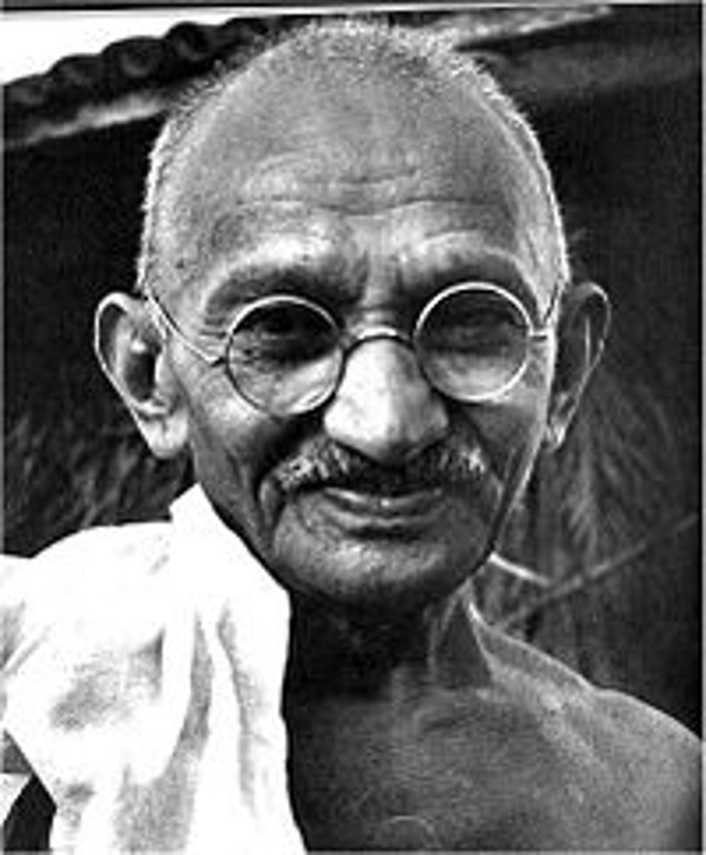<p>A philosopher from India, this man was a spiritual and moral leader favoring India's independence from Great Britain. He practiced passive resistance, civil disobedience and boycotts to generate social and political change.</p>