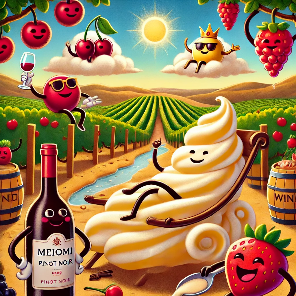 The scene features ripe cherry and juicy strawberry characters lounging on fluffy vanilla bean hammocks, with soft clouds sprinkling light spice dust over the lush vineyard. A velvety wine river carries a royal wine bottle on a throne, and the warm, lingering finish is symbolized by a glowing horizon inviting another taste. This playful and inviting depiction perfectly captures the wine's broad appeal and complex layers.