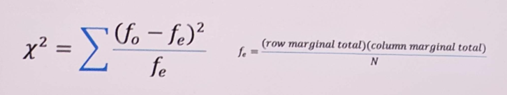 <ul><li><p>expected to refer to the null hypothesis</p></li><li><p>a non-parametric test of significance that allows us to test the difference between f0 and fe</p></li><li><p>a comparison of <em>frequencies</em>, not means</p></li><li><p>the greater the difference between the f0 (observed frequency) and fe (expected frequency_, the more likely we can reject the null hypothesis</p></li></ul><p></p>