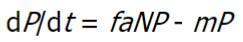 <p>dP/dt = rate of change in predator population</p><p>f =  conversion of prey to predator population growth (efficiency of converting food (consumed prey) to population growth)</p><p>aNP = removal of prey by predators</p><p>mP = death (mortality) rate of predators regardless of prey availability</p><p>P = # of predators</p><p>N = # of prey</p><p>a = constant expressing efficiency of predation</p><p>m = constant related to death of predators</p>
