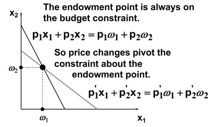 <p>Price changes in a bundle that result in a new budget constraint will still have the endowment on the budget constraint.</p>