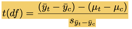 <p>differences between sample variances - null hypothesis / SE between means</p><ul><li><p><span style="font-family: CMMI10">μ</span><span style="font-family: CMMI7">t </span><span style="font-family: CMSY10">− </span><span style="font-family: CMMI10">μ</span><span style="font-family: CMMI7">c = null (often = 0)</span></p></li></ul>