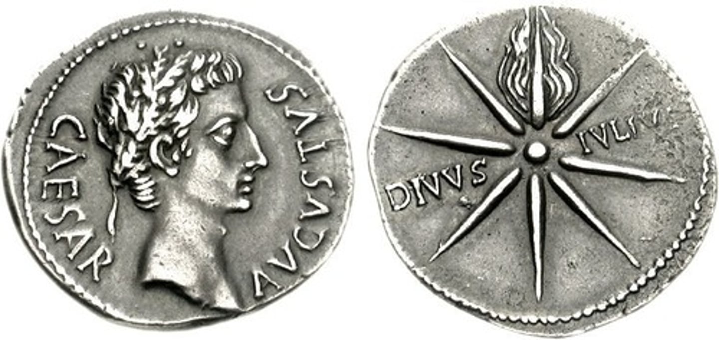 <p>- denarius, widely circulated</p><p>- obv. Augustus in an oak wreath (civil crown)</p><p>- rev. 8 rayed comet 'The divine Julius' ( after funeral games in 44 Bc)</p><p>- further solidifies the divi filius status, same time as the 3rd settlement, given consular imperium for life, his growing power and influence as supported by the gods</p>