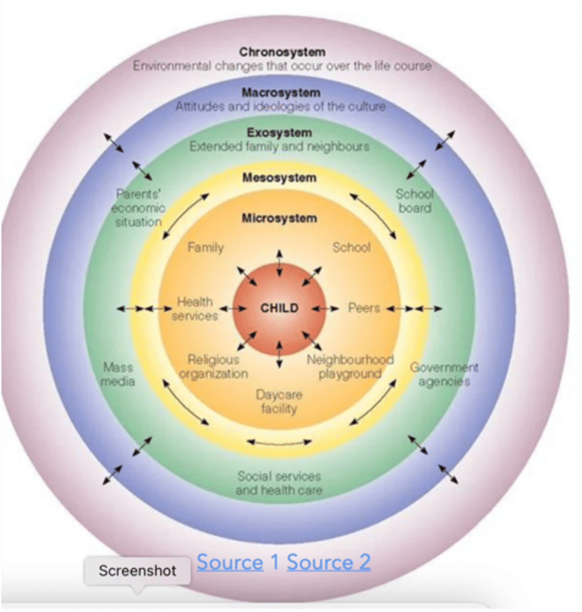 <p>individual, microsystem, mesosystem, exosystem, macrosystem, chronosystem</p>