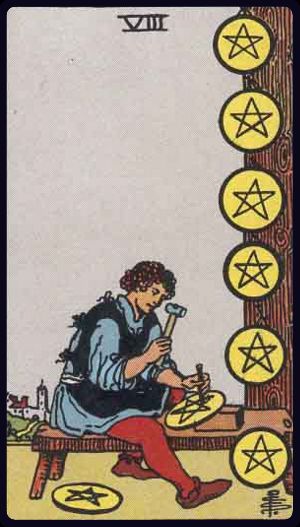 <p>EIGHT OF PENTACLES</p>