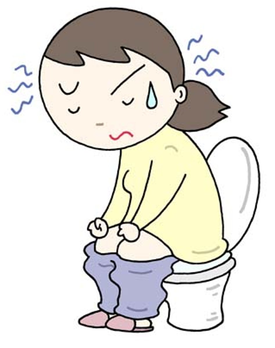 <p>bowel movements are irregular with feces that may be hard and painful to pass</p>