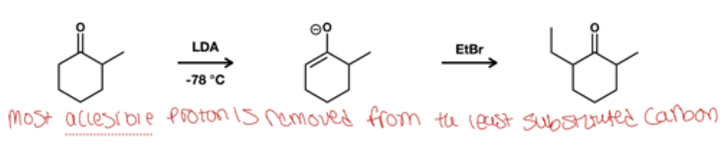 <p>LDA</p><p>-78 degree celcius</p><p>enolate froms ad least substituted carbon</p>