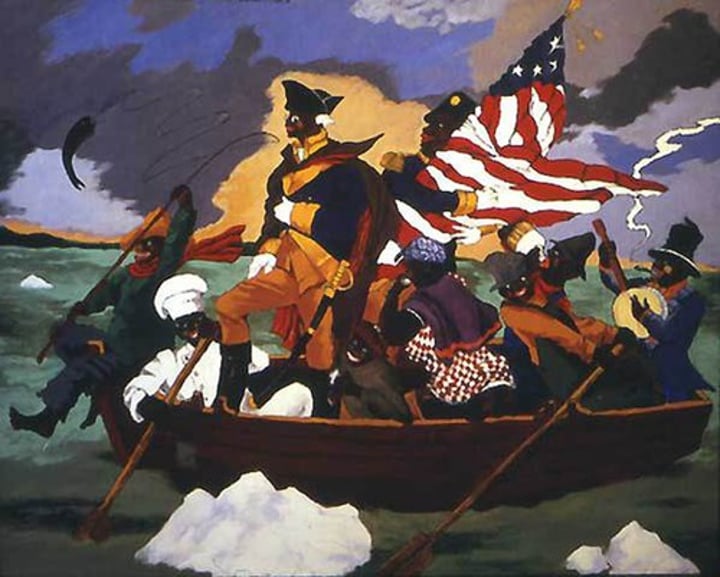 <p>made "George Washington Carver Crossing the Delaware" where all the men in the ship are African Americans. againt the omission of African Americans.</p>