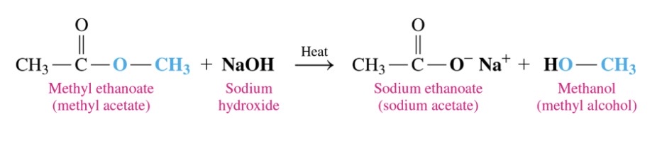 \-ester reaction with strong base to produce carboxylate salt and alcohol

\-heat requried 