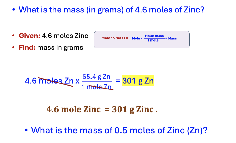 <p>mole x molar mass/1 mole = mass</p>
