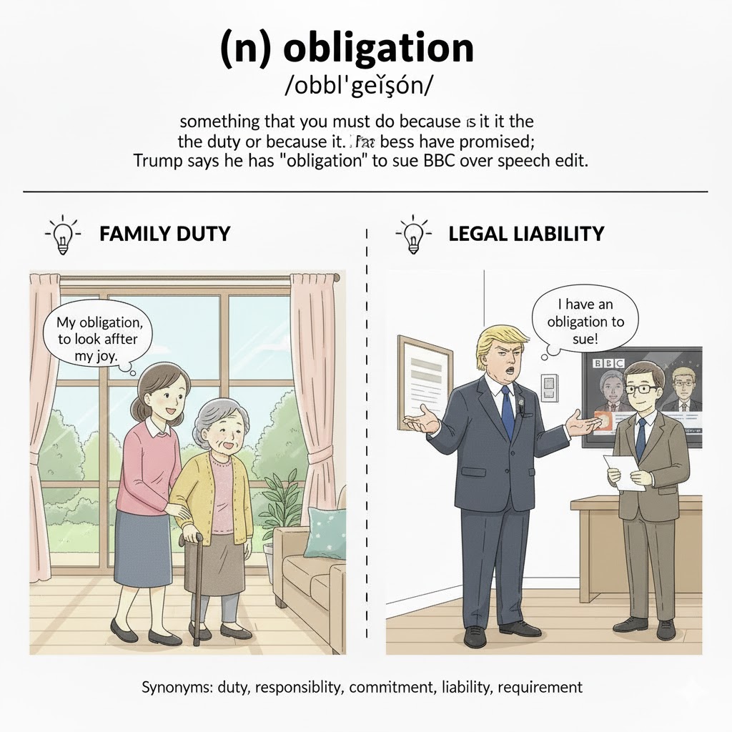 <ol><li><p>An act or course of action to which a person is <strong>morally or legally bound</strong>; a duty or commitment. (Nghĩa vụ, bổn phận, trách nhiệm pháp lý hoặc đạo đức)</p></li><li><p>A requirement or condition that must be met. (Sự bắt buộc, cam kết)</p></li></ol><p></p>