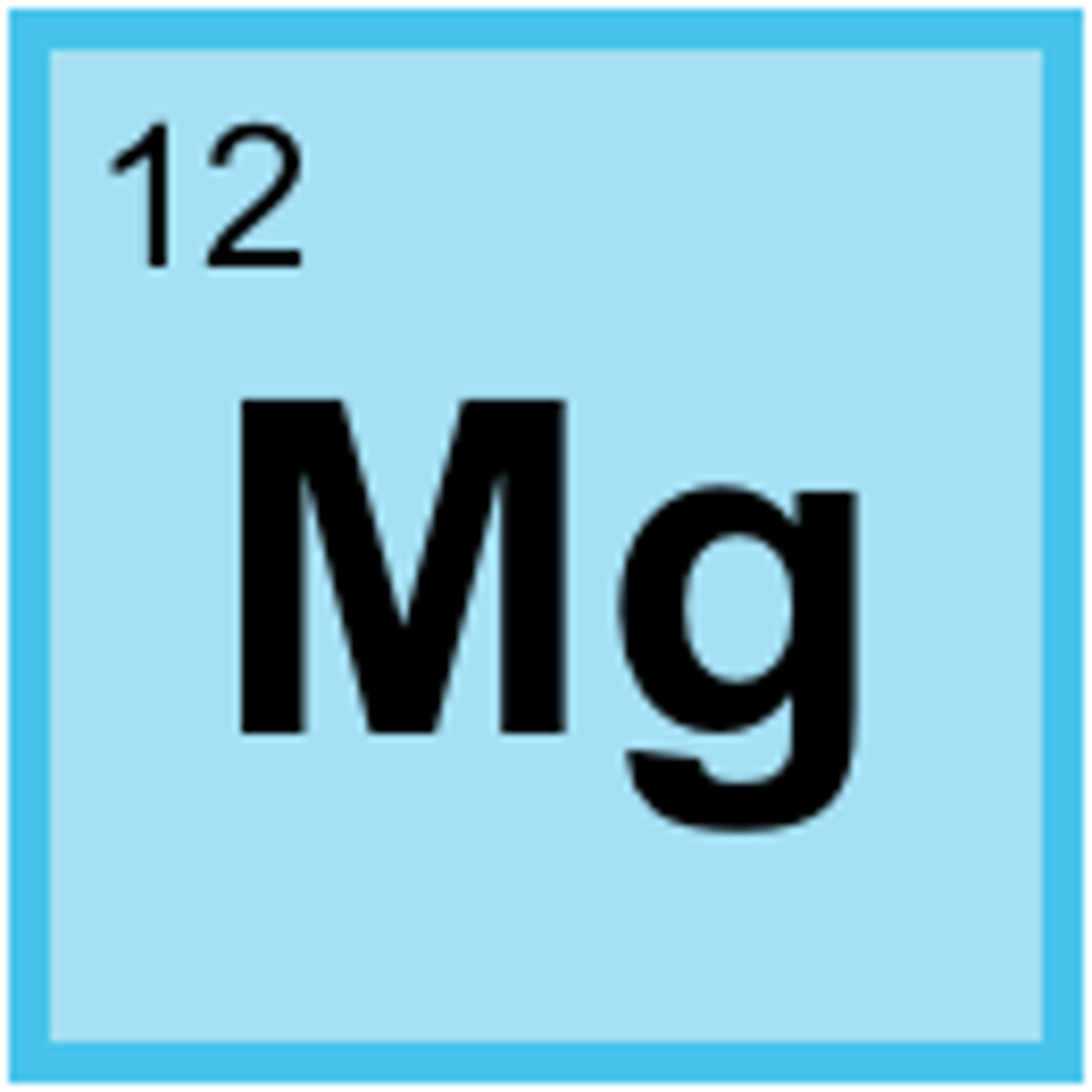 <p>Symbol: Mg<br>Atomic Mass: 24.31<br>Atomic Number: 12</p>