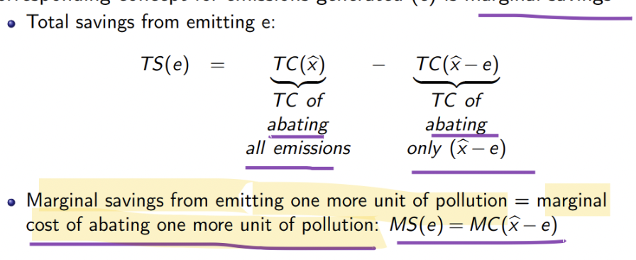 <p><strong>savings = money the firm saves by not abating pollution</strong>.</p><ul><li><p>since abating pollution costs money, if a firm chooses to emit instead of abating, it avoids these costs</p></li></ul><p></p><p>TS(e)=Cost&nbsp;of&nbsp;abating&nbsp;all&nbsp;emissions−Cost&nbsp;of&nbsp;abating&nbsp;only&nbsp;some</p><p></p><p>MS(e) = how much money a firm saves by emitting one more unit of pollution instead of abating it</p><ul><li><p>should equal to the marginal cost of abating one more unit of pollution</p></li></ul><p></p><p>MS(e) = MC (x’-e)</p><p></p>