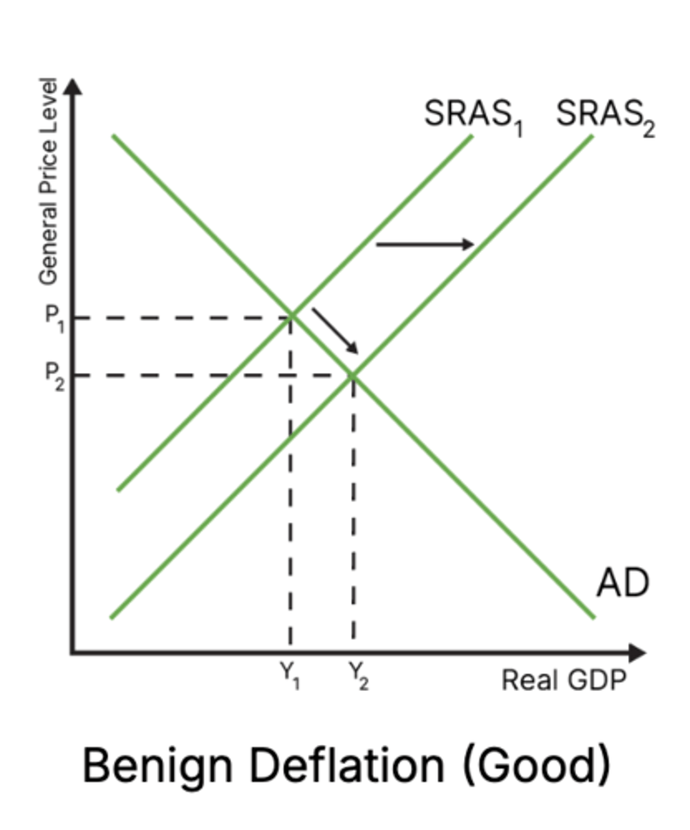 <p>supply side deflation is caused by increases in the productive capacity of the economy</p><p>- this is caused by any increase in the quality/quantity of the factors of production</p><p>- it effectively creates a condition of excess supply in the economy</p><p>- average price levels fall national output (rGDP) increases</p>