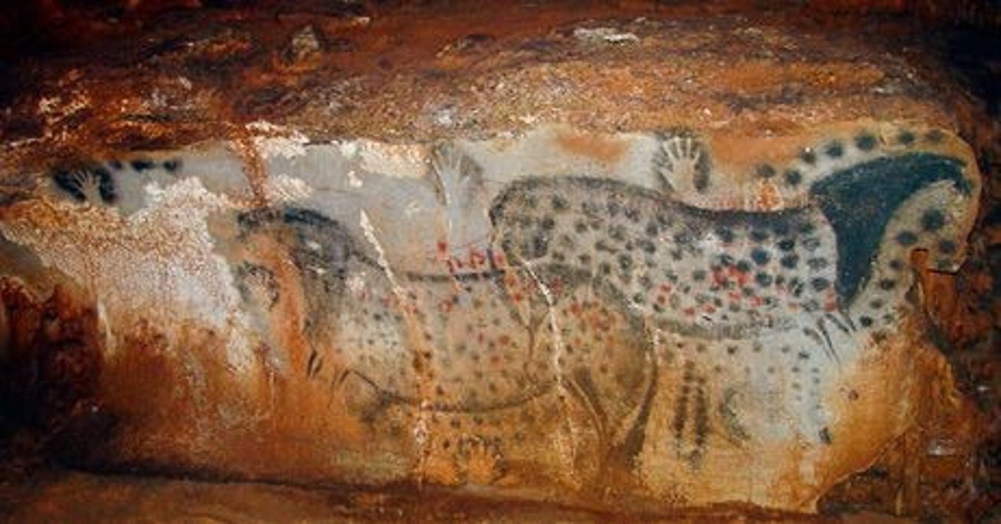 <p>FRANCE.</p><p>Paleolithic</p><p>- Prehistoric Cave Painting</p><p>- Pach-Mel, France</p><p>- Air brush technique with charcoal blown through a hollow bone.</p><p>- Used as teaching tools</p><p>- Evidence of children hand-marks and footprints</p><p>- Wanted to keep it private</p>