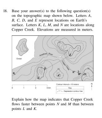 <p>Explain how the map indicates that Copper Creek flows faster between point N and M than between points L and K.</p>