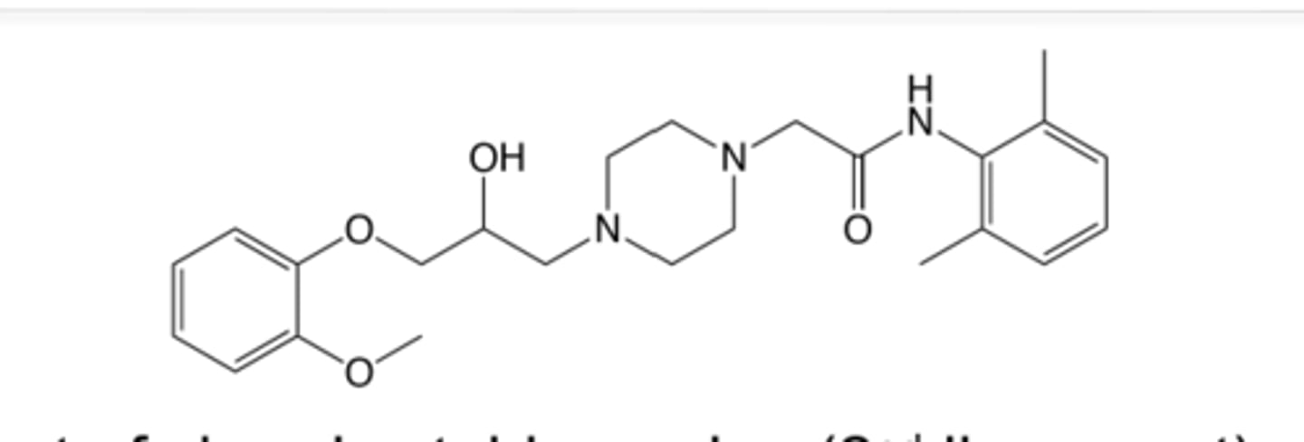 <p>Looks like a beta blocker, but is not cause of the double rings ong</p><p>Is ranexa</p><p>Good F, 2x a day though cause 7 hr t1/2</p><p>Excreted changed and unchanged in liver and kidney</p><p>S and R enantiomers have the same ADME</p>