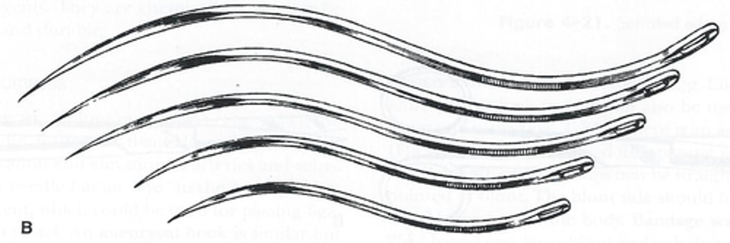 <p>used to close incisions (half-curved, double-curved, circle, and loopuypt)</p>