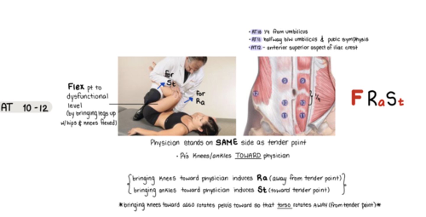 <p>F Ra St</p><p>halfway b/w umbilicus and pubic symphysis</p><p>Physician on SAME side as TP</p><p>knees and ankles toward me</p><p>Ra = bring knees toward physician</p><p>rotates pelvis toward so that torso rotates AWAY from TP</p><p>St = bring ankles toward physician</p>