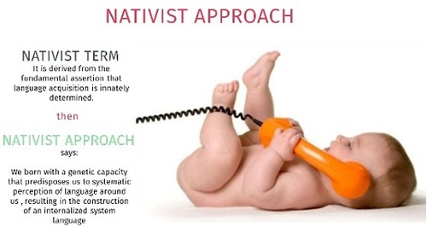 <p>(A) Nativist Approach</p><p>The Nativist Approach claims infants have a Language Acquisition Device (LAD) in their brains to allow them to learn and understand any language, and that there is a critical/sensitive period where it is easiest to learn a language. That LAD only operates during that sensitive period.</p>